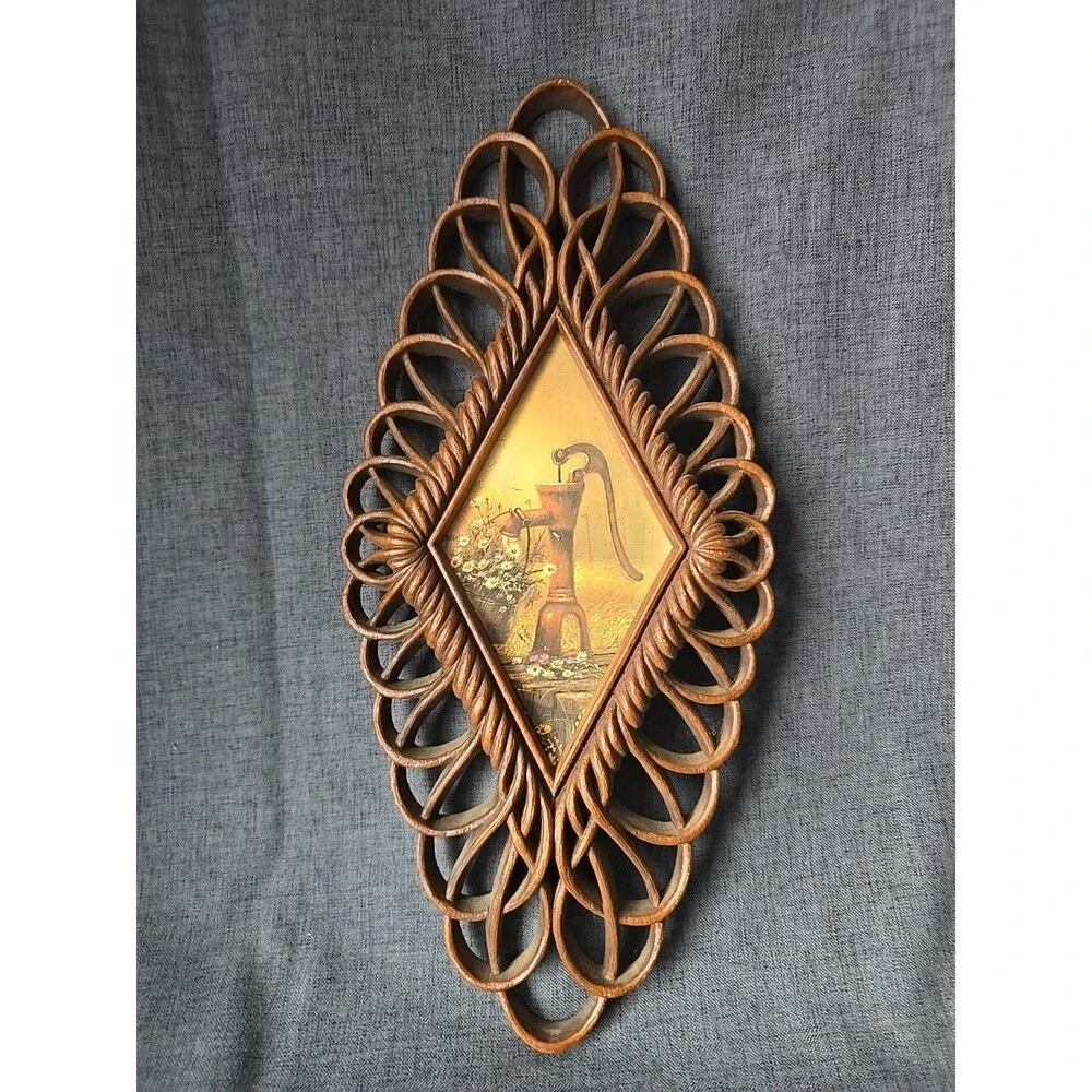 Vintage 1975 Burwood Products Wall Decor Water Pump & Flowers Diamond Plaque